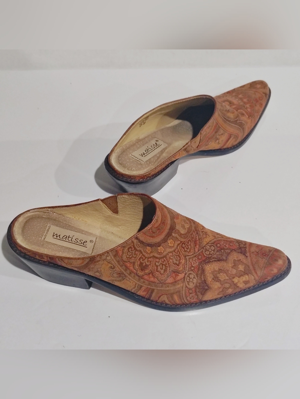 Matisse Paisley Patterned Tan and Brown Suede Mules
